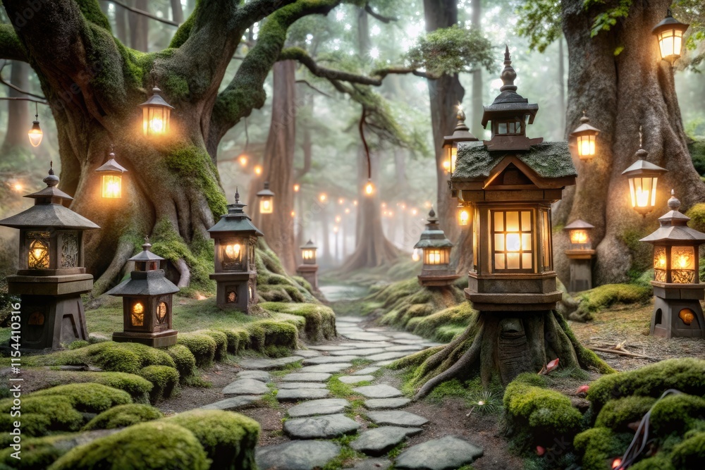 Fototapeta premium Enchanted forest, glowing lanterns illuminate mystical creatures in architectural fantasy.
