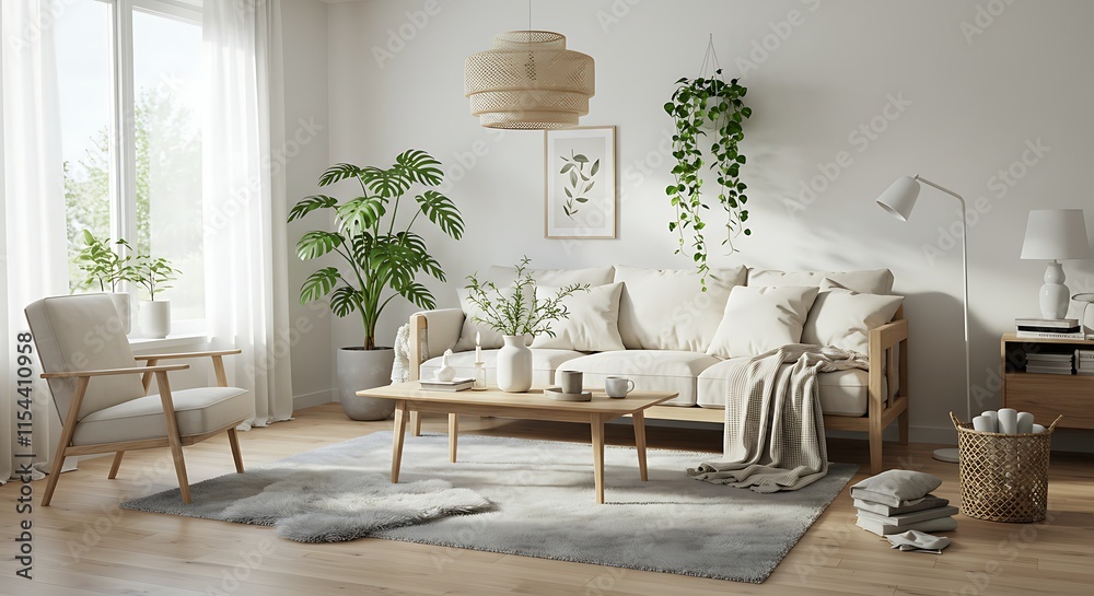 Fototapeta premium Scandinavian Living Room Interior Design Cozy Beige Sofa Plants Rug
