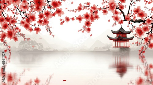 Serene lake with cherry blossoms and traditional asian pavilion photo