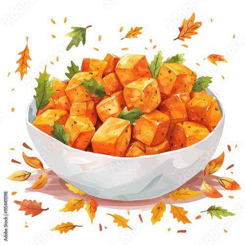 A watercolor vector of a bowl of roasted sweet potatoes surrounded by autumn leaves, isolated on a white background. Roasted sweet potatoes autumn leaves vector.
