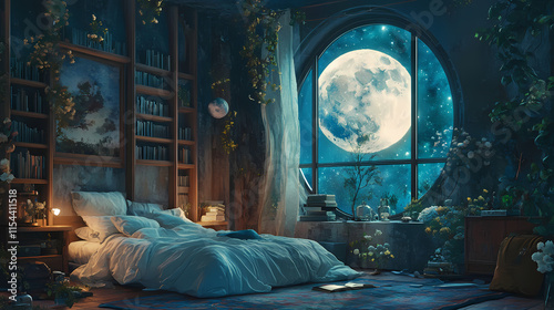 Interior de um quarto aconchegante com uma grande janela e a lua. Hinterland. Illustration