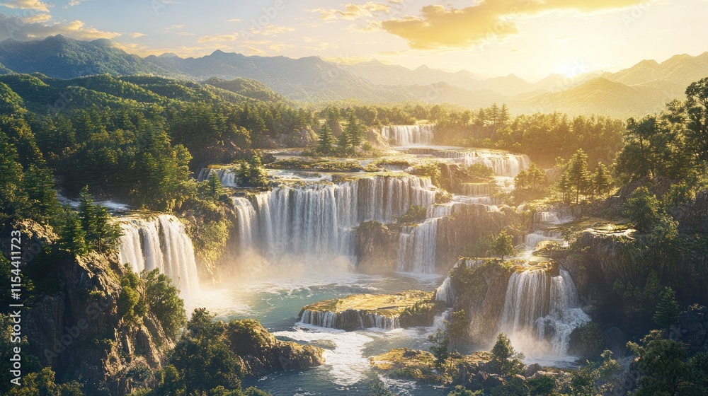 Fototapeta premium Majestic cascading waterfalls in a lush green mountain valley at sunset.