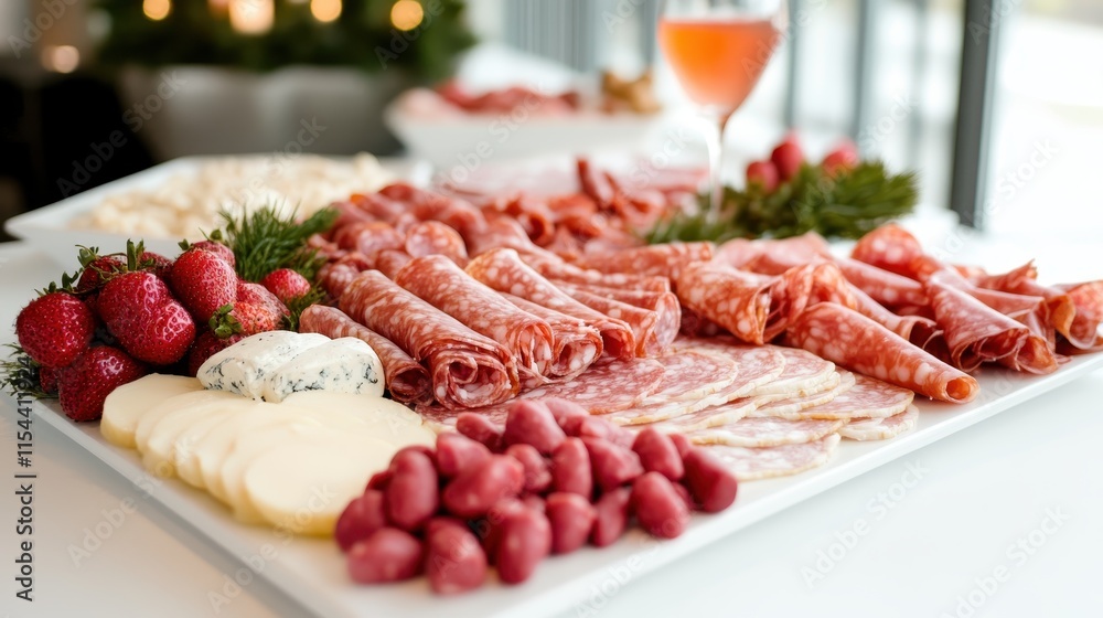 An elegant array of charcuterie features meats, cheeses, and fruits artistically arranged on a platter, creating a visually stunning centerpiece for any gathering. An elegant array of charcuterie features meats, cheeses, and fruits artistically arranged on a platter, creating a visually stunning centerpiece for any gathering.