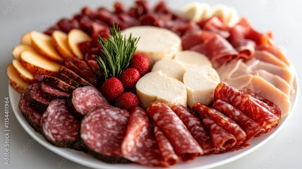 A round platter is filled with an assortment of meats and cheeses, complemented by fresh berries and herbs, offering a harmonious blend of flavors and textures. A round platter is filled with an assortment of meats and cheeses, complemented by fresh berries and herbs, offering a harmonious blend of flavors and textures.
