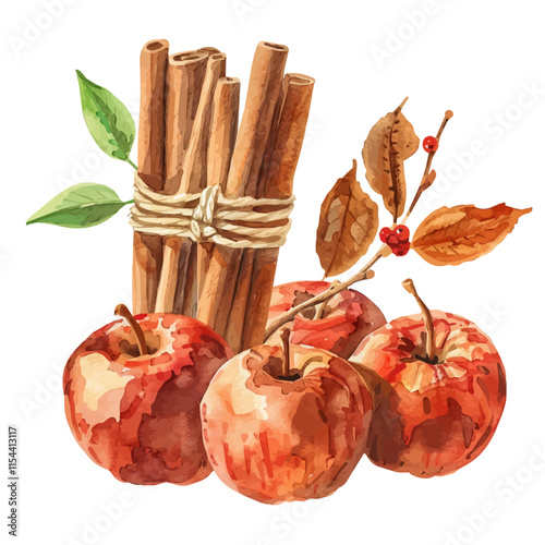 A watercolor painting of a bunch of cinnamon sticks tied together with twine, isolated on a white background. Cinnamon sticks twine vector.

