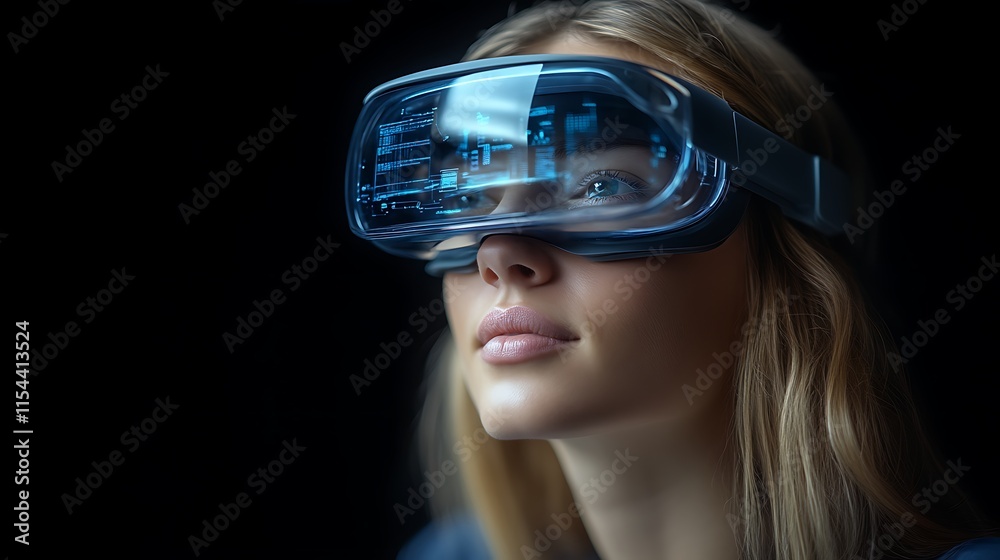 Woman using futuristic AR glasses. Woman using futuristic AR glasses.