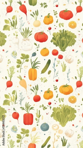 Colorful pattern of various vegetables and herbs on a light background.