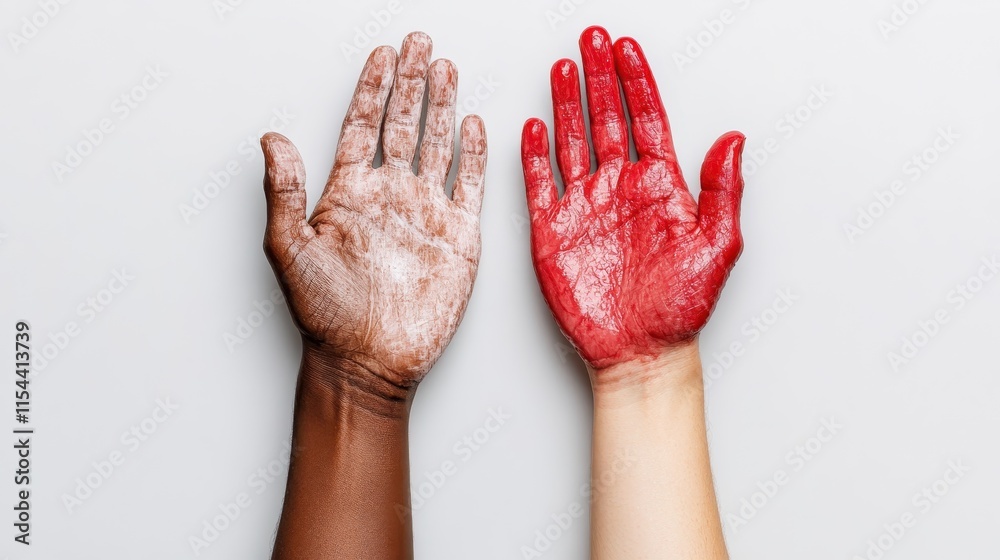 An evocative image showing two outstretched hands, one painted red and the other dusted with white powder, symbolizing diversity, creativity, and contrast. An evocative image showing two outstretched hands, one painted red and the other dusted with white powder, symbolizing diversity, creativity, and contrast.