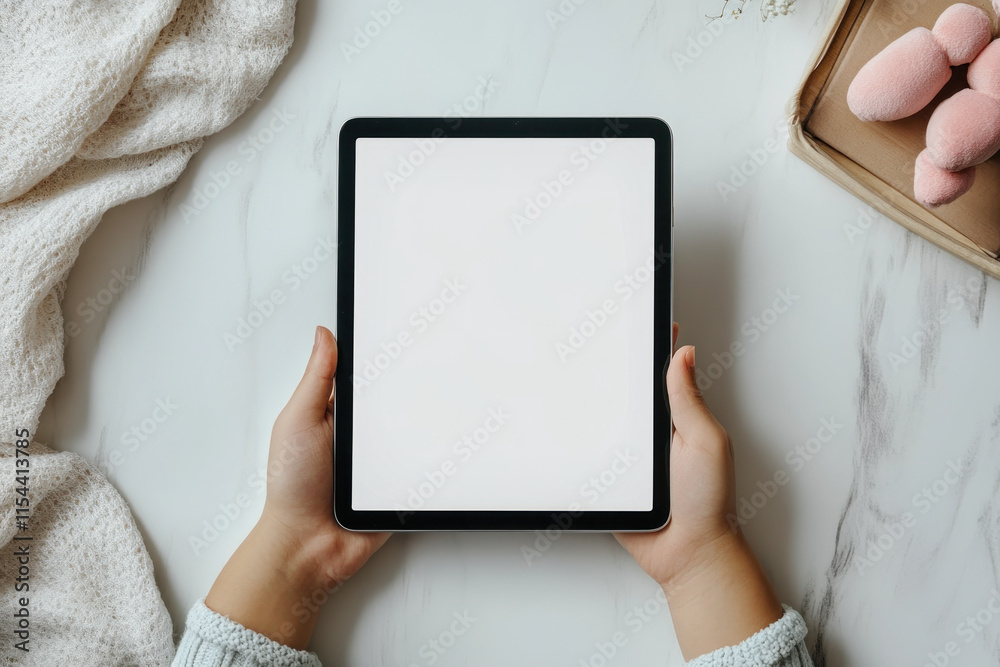 A person holding a tablet with a blank screen. A person holding a tablet with a blank screen.
