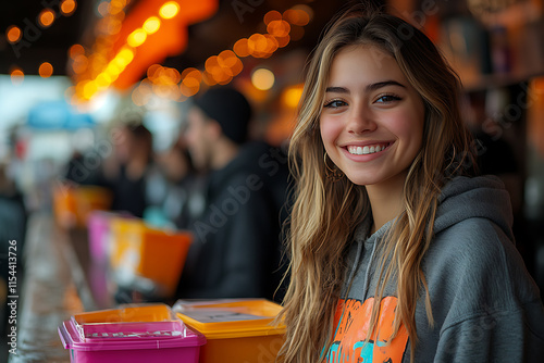 A vibrant fundraising event with people holding donation boxes, smiling volunteers, and colorful banners, creating a warm and inspiring atmosphere for a good cause.	 photo