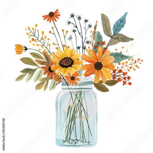 A watercolor vector of a bunch of fall flowers in a mason jar, isolated on a white background. Fall flowers mason jar vector.
