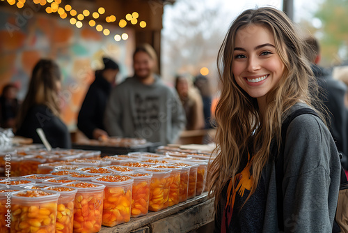 A vibrant fundraising event with people holding donation boxes, smiling volunteers, and colorful banners, creating a warm and inspiring atmosphere for a good cause.	 photo