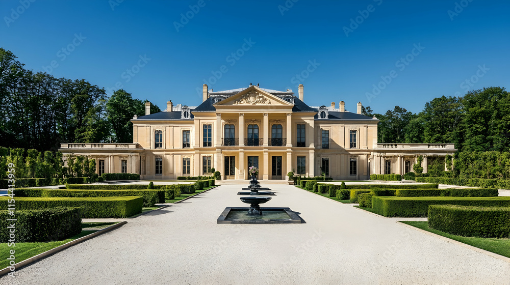Obraz premium Grand Baroque royal estate in Versailles France with elaborate fountains and manicured gardens