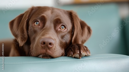 A Chocolate Labrador lies adorably on a teal couch, gazing with soulful, expressive eyes, capturing the viewer's heart with its charming and affectionate demeanor. photo