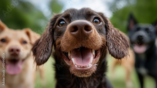 A delightful close-up image of a cheerful brown dog showcasing its joyful expression, surrounded by other dogs but centered in focus for an artistic touch. photo