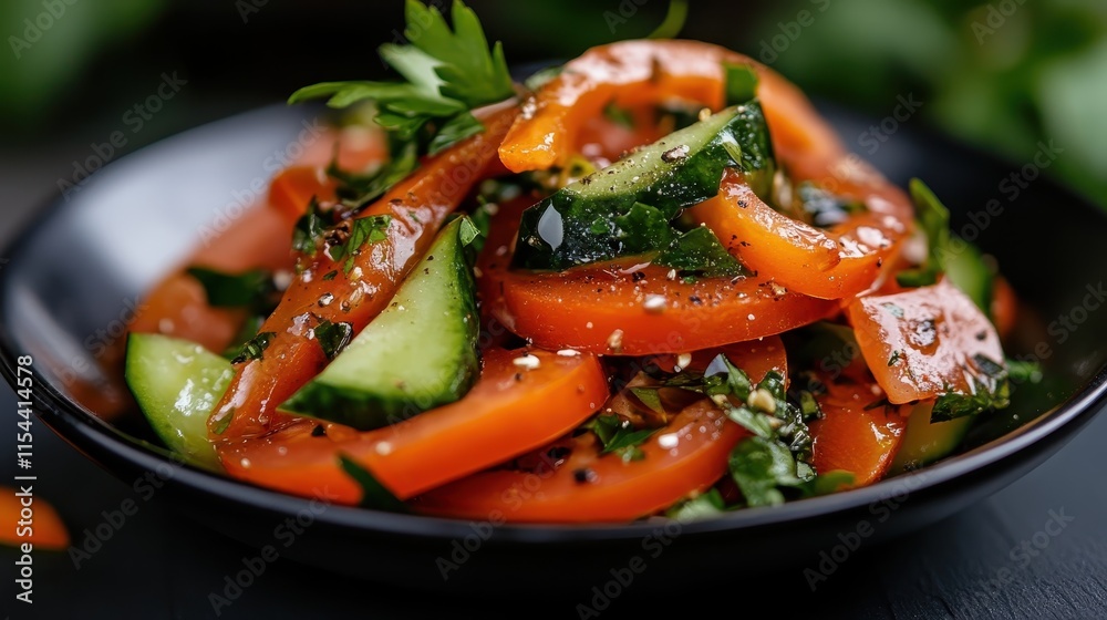 A tasty tomato and cucumber salad is garnished with fresh herbs, offering a colorful and refreshing dish suitable for summer meals or healthy dining options. A tasty tomato and cucumber salad is garnished with fresh herbs, offering a colorful and refreshing dish suitable for summer meals or healthy dining options.