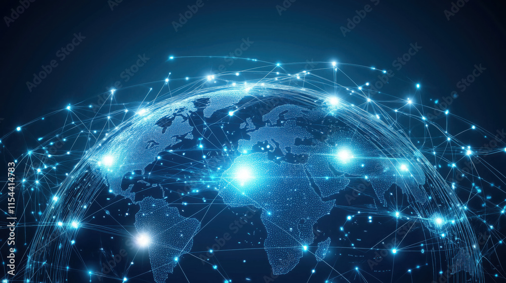 Minimalistic Vector Artwork of a Globe with Network Nodes and Seamless Glowing Trails, Representing Worldwide Data Exchange Minimalistic Vector Artwork of a Globe with Network Nodes and Seamless Glowing Trails, Representing Worldwide Data Exchange
