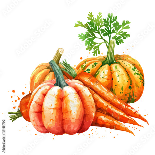 A watercolor drawing of a bunch of fresh carrots and pumpkins from the harvest, isolated on a white background. Fresh carrots pumpkins harvest vector.
