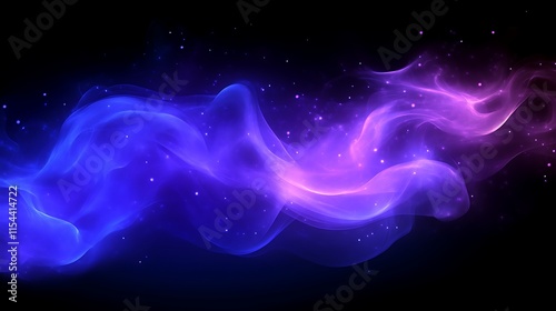 Abstract blue and purple smoke wave with sparkles on black background.
