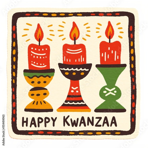 Greeting card with text Happy Kwanzaa and traditional colorful kinara candles on beige background. African American holiday, traditional event. Ethnic design for poster, invitation, banner 
