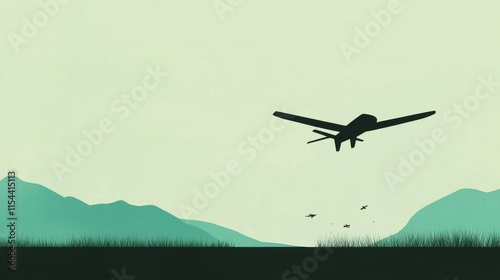 Military Drone Flying Over War Zone Landscape with Mountains and Grassy Terrain in Background photo