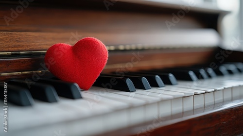 A small red heart rests on the white and black keys of a wooden piano, representing the harmonious connection between love and music in a warm, inviting setting.