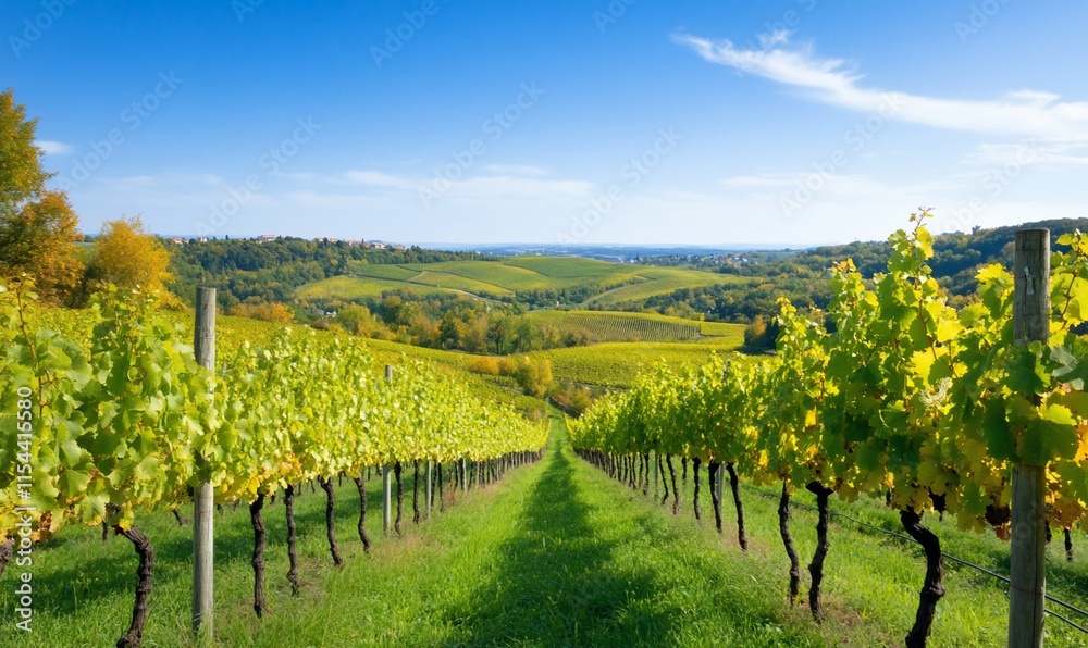 Naklejka premium Lush vineyard landscape under a clear blue sky.
