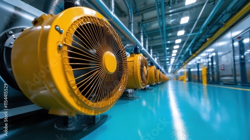 This image showcases a row of yellow industrial fans aligned on a shiny blue floor in a well-lit modern warehouse environment, emphasizing efficient ventilation systems.