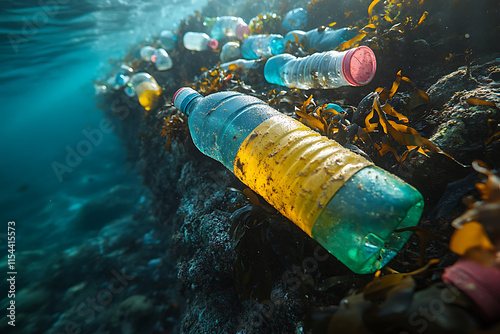Plastic waste floating in a polluted ocean, with a close-up view of colorful bottles and bags entangled in seaweed, highlighting marine pollution.	