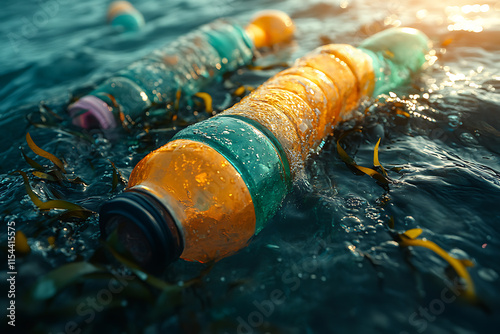Plastic waste floating in a polluted ocean, with a close-up view of colorful bottles and bags entangled in seaweed, highlighting marine pollution.	