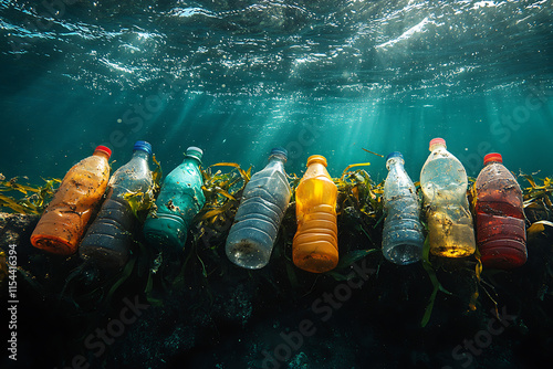 Plastic waste floating in a polluted ocean, with a close-up view of colorful bottles and bags entangled in seaweed, highlighting marine pollution.	
