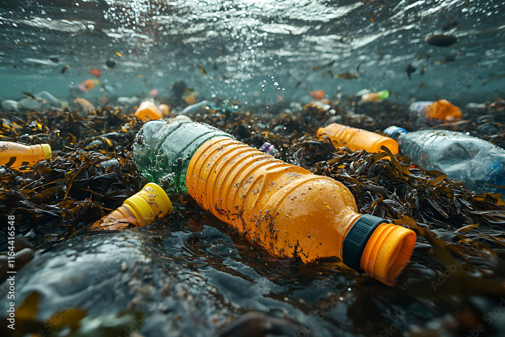 Obraz premium Plastic waste floating in a polluted ocean, with a close-up view of colorful bottles and bags entangled in seaweed, highlighting marine pollution. 