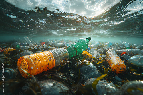 Plastic waste floating in a polluted ocean, with a close-up view of colorful bottles and bags entangled in seaweed, highlighting marine pollution.	