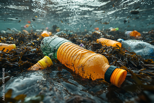 Plastic waste floating in a polluted ocean, with a close-up view of colorful bottles and bags entangled in seaweed, highlighting marine pollution.	