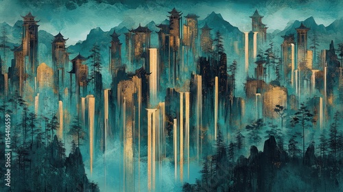 Misty mountain city with waterfalls and pagodas.
