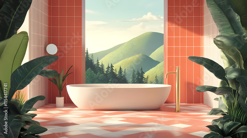 Banheiro com paisagem moderno. Hinterland. Illustration