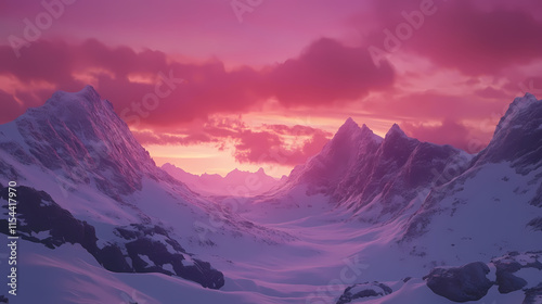 Beautiful colorful landscape painting of a frigid arctic national park at sunset - vivid pink/red/purple cloudy sky over rugged snowy mountains and rocky wilderness. Hinterland. Illustration