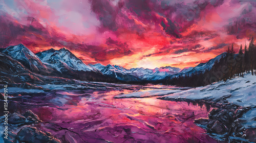 Beautiful colorful landscape painting of a frigid arctic national park at sunset - vivid pink/red/purple cloudy sky over rugged snowy mountains and rocky wilderness. Hinterland. Illustration