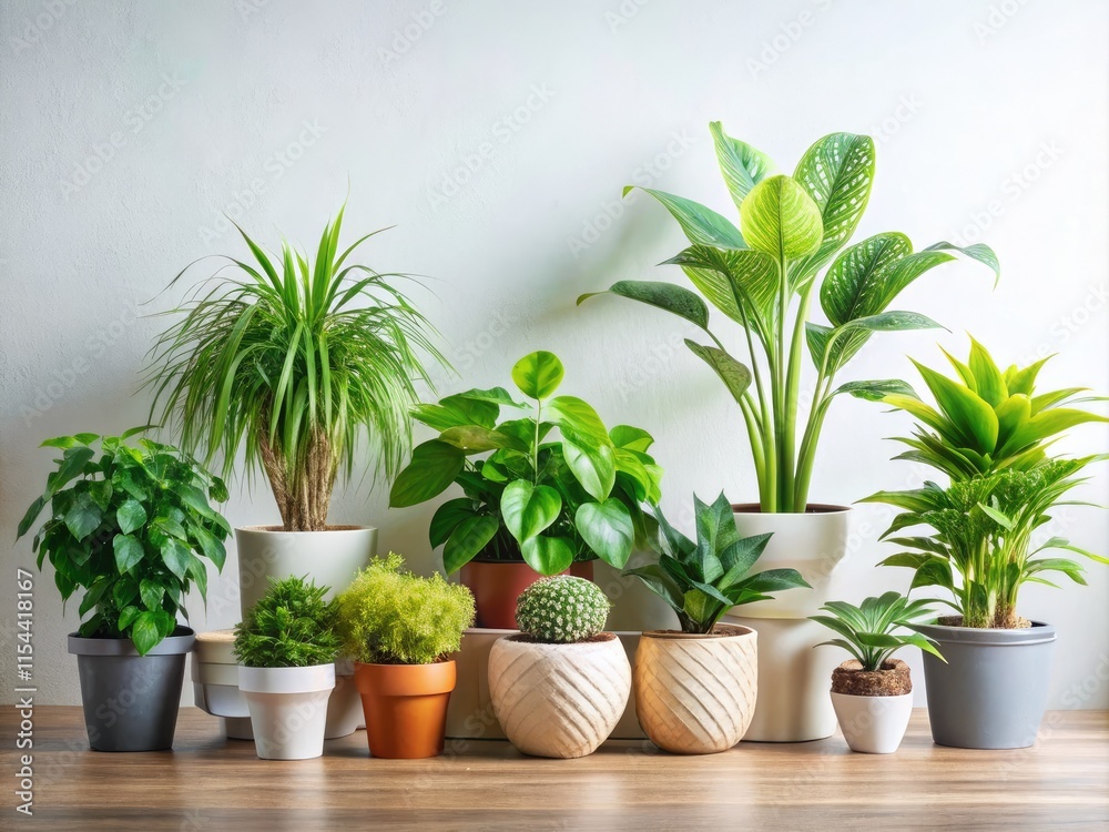 Fototapeta premium Lush indoor plants thrive in decorative pots, creating vibrant greenery and a clean, calming home décor.