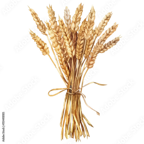 A watercolor vector of a bundle of dried wheat stalks, isolated on a white background. Dried wheat stalks vector.
