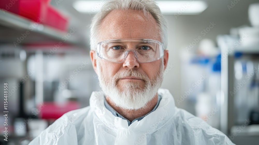 Senior male scientist with glasses and white lab attire stands in a laboratory setting, demonstrating scientific expertise, wisdom, and focus amid scientific equipment.