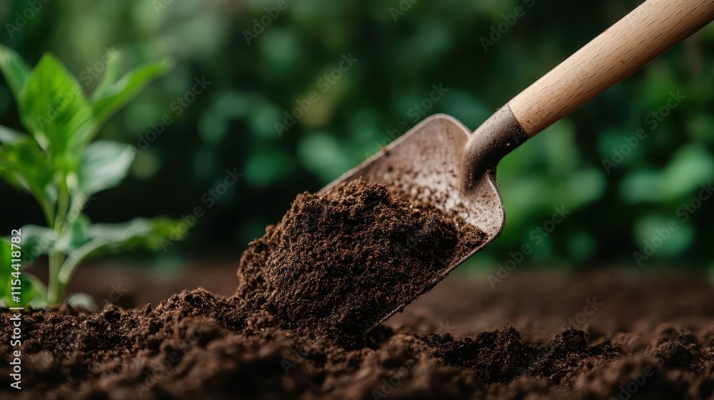 The image depicts a close-up view of a shovel inserted into fertile, dark soil beside a vibrant green plant, capturing themes of growth, gardening, and nurturing life. The image depicts a close-up view of a shovel inserted into fertile, dark soil beside a vibrant green plant, capturing themes of growth, gardening, and nurturing life.