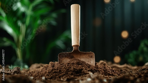 A shovel stands upright in the soil with a soft background light, symbolizing readiness for work and planting in a serene and promising natural setting. photo