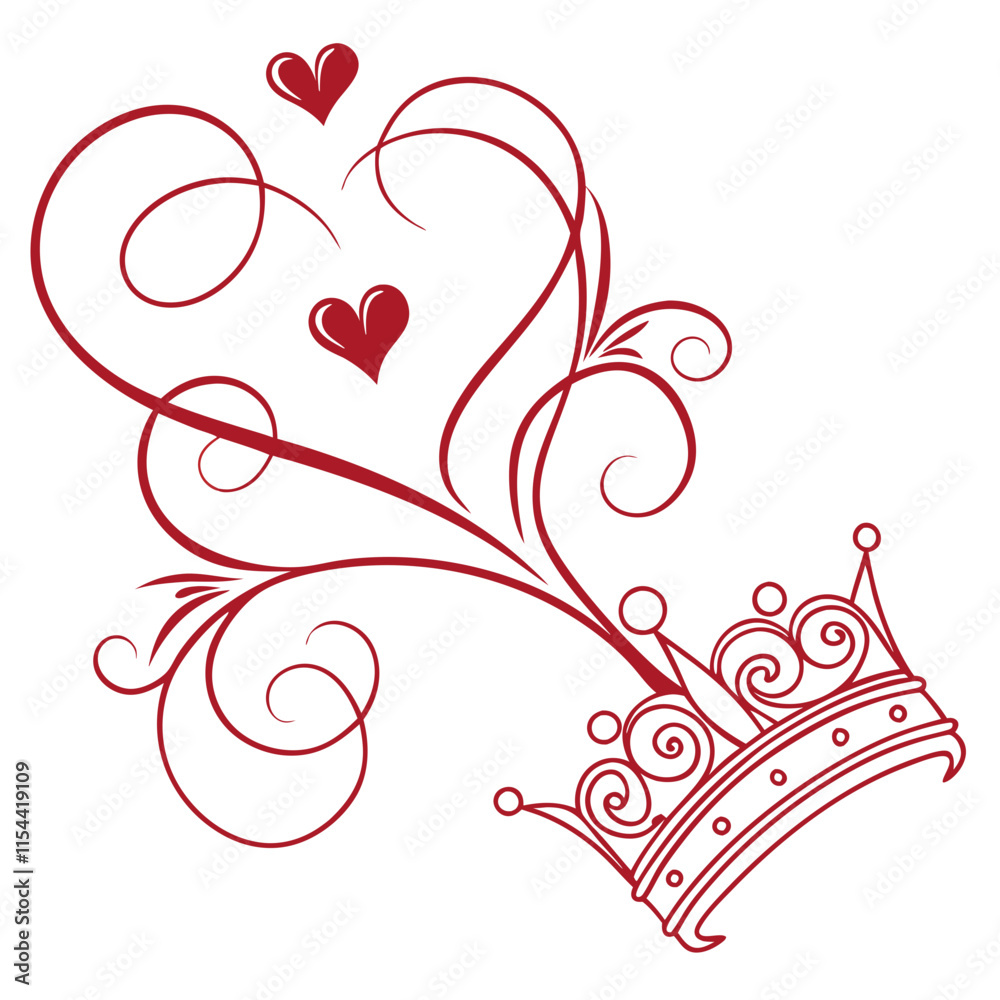 Red line art hearts and crown, romantic vector for weddings. Red line art hearts and crown, romantic vector for weddings.
