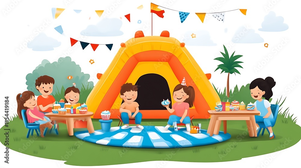 Fototapeta premium Children's birthday party camping scene.