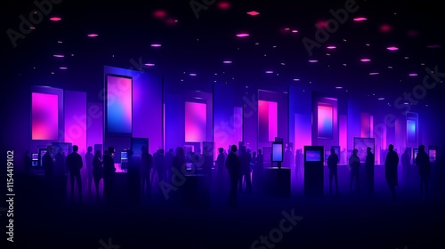 Night trade show with glowing displays.