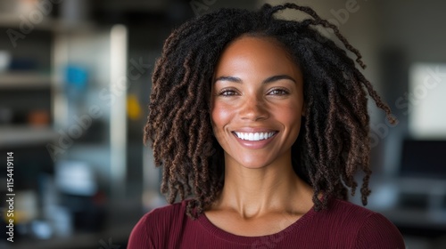 A radiant woman with natural hair smiles warmly as she stands in a stylish, modern environment, brimming with energy and professionalism, inviting positivity. photo