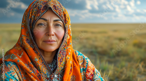 Kazakh woman in a traditional embroidered scarf and brightly colored dress photo