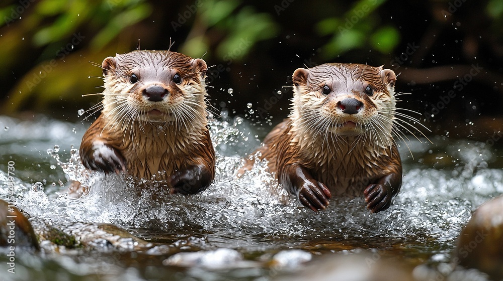 Two wet otters frolicking in water with foreground rocks and trees in the backdrop Two wet otters frolicking in water with foreground rocks and trees in the backdrop