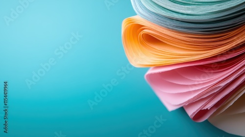 A flowing and elegant stack of pastel-colored paper sheets curling gently against a smooth blue backdrop, displaying a soft and serene artistic composition. photo